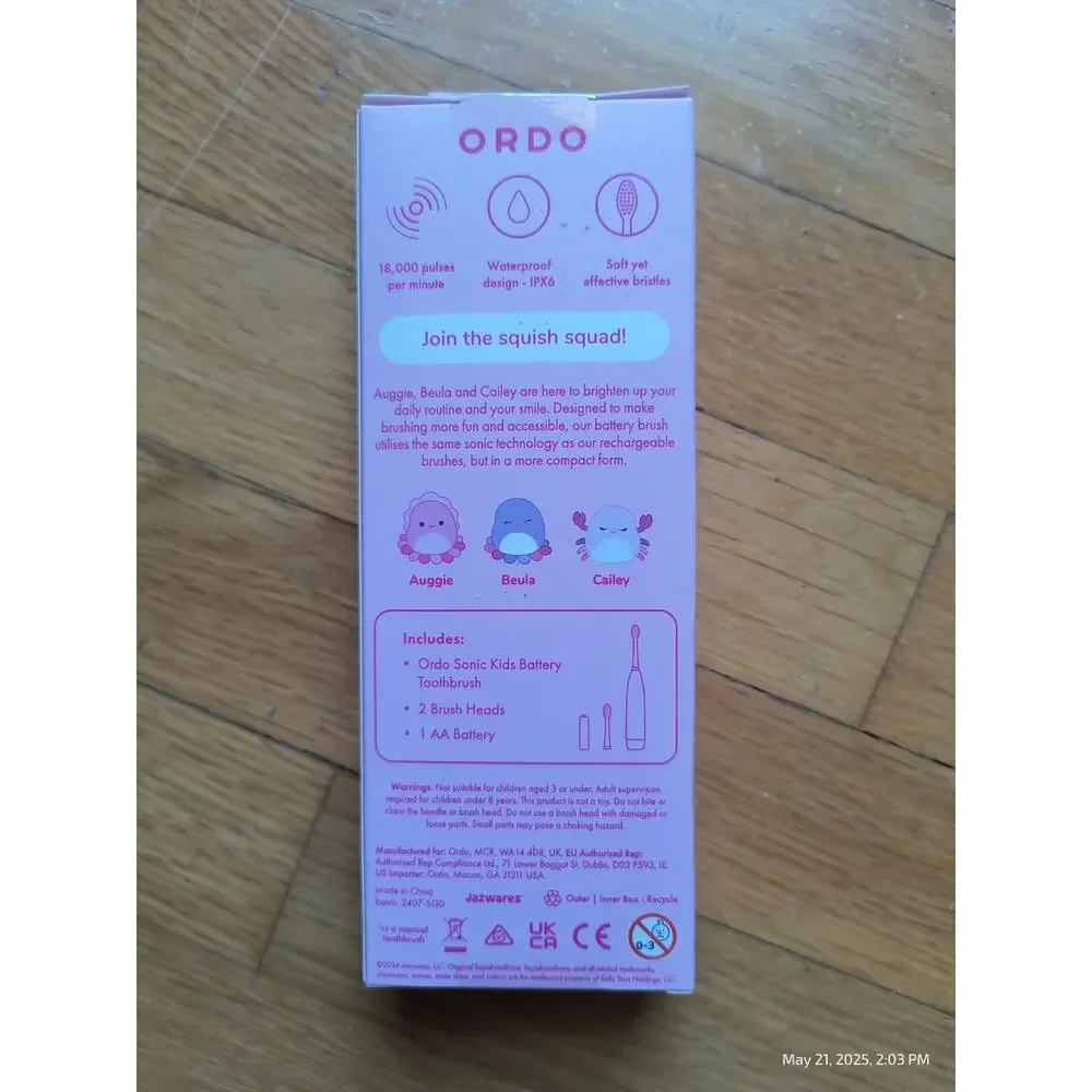 ORDO Sonic Kids Battery Toothbrush Squishmallows Auggie Pink 2 Heads New Sealed